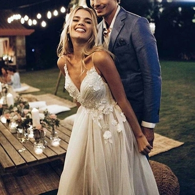 Excellent tulle spaghetti straps neckline a-line wedding dresses with appliques  - Thumbnail 5