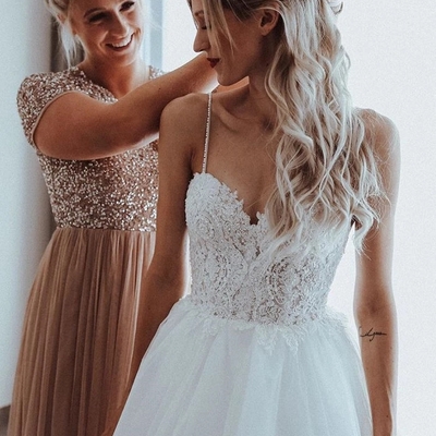 Shining tulle spaghetti straps beaded appliqued a-line wedding dresses - Thumbnail 4