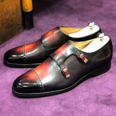 Men’s Handmade Brown & Orange Multi Shaded Stylish Leather Monk Strap Shoes