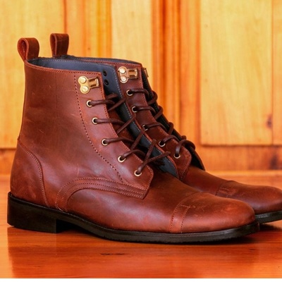 Handmade men's brown boots,men's cap toe lace up leather boots - Thumbnail 2