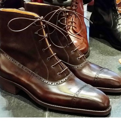 Men's brown ankle wing tip lace up leather suede cap toe handmade  boots - Thumbnail 2