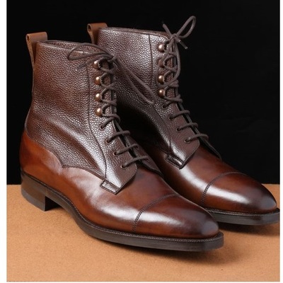  men's brown color pebbled leather boot, cap toe ankle high dress lace up handmade boot - Thumbnail 1