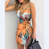 V-Neck Sling Printed Sleeveless Dress - Thumbnail 1