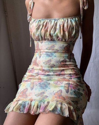 Sexy Butterfly Print Sling Open Back Dress
