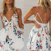 V-Neck Printing Women Backless Sling Dress - Thumbnail 1
