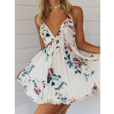 V-neck printing women backless sling dress