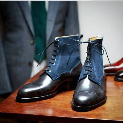 Men's blue & black ankle cap toe lace up leather suede boots - Thumbnail 1