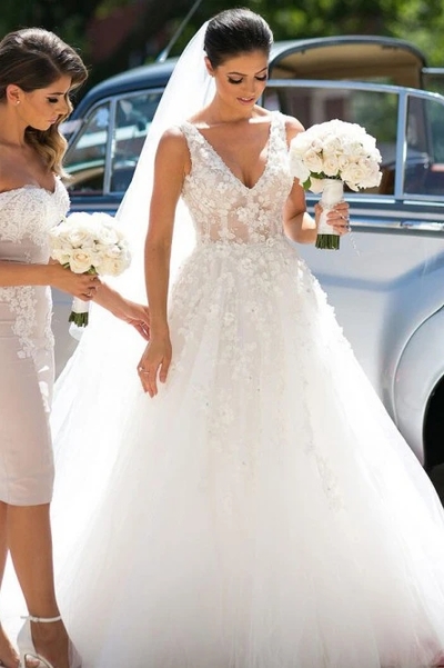 A-Line V-Neck White Wedding Dress with Appliques