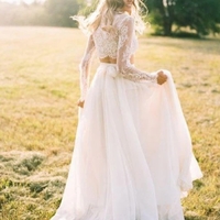 Two Piece Round Neck Long Sleeves Beach Wedding Dress With Lace  - Thumbnail 1