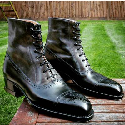 Men's black ankle cap toe lace up leather dress boots - Thumbnail 2