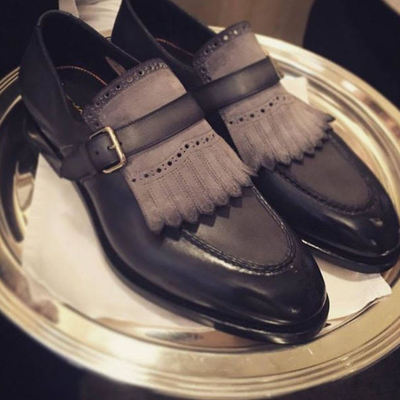 Handmade new black and grey fringe monk formal men's leather suede shoes