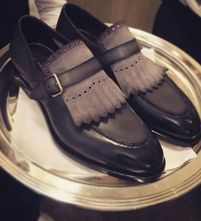 Handmade New Black And Grey Fringe Monk Formal Men's Leather Suede Shoes