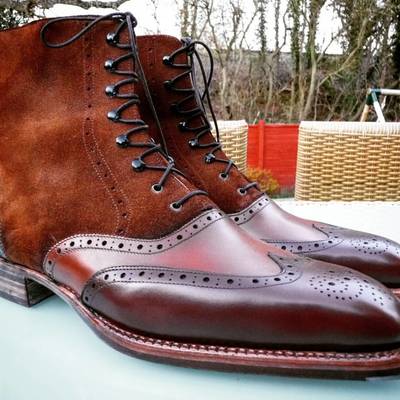 Men's brown wing tip ankle lace up leather suede dress boots - Thumbnail 1