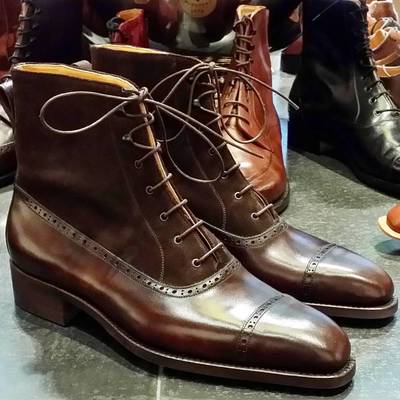 Men's brown cap toe ankle lace up leather suede dress boot - Thumbnail 4