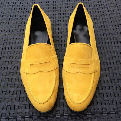 Handmade men yellow casual loafer shoes in suede