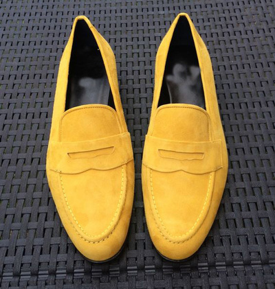 Handmade Men Yellow Casual Loafer Shoes In Suede