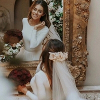 A-Line Ivory Sweep Train Tulle Long Sleeves Beach Wedding Dresses with Ruffles - Thumbnail 2