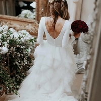 A-Line Ivory Sweep Train Tulle Long Sleeves Beach Wedding Dresses with Ruffles - Thumbnail 1