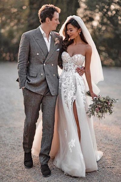 Boho Sweet A Line Side Split Beading Wedding Dresses with Appliques