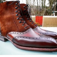 Handmade Men's Brown Wing Tip Ankle Lace Up Leather Suede Dress Boots - Thumbnail 1