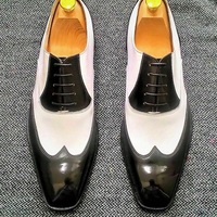 Men wing tip lace up leather dress formal business office Shoes, Spectator shoes - Thumbnail 1