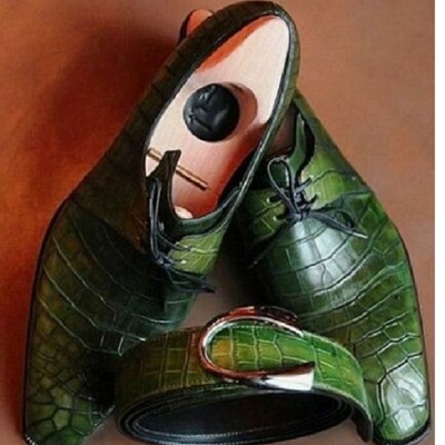 Handmade men's green derby lace up crocodile texture leather office dress shoes - Thumbnail 4