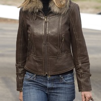 Dark Brown Women's Jacket With Real Cowhide Leather Shearling Collar Outer Wear - Thumbnail 1