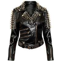 Handmade Woman Plain Black Studded Leather Jacket Spike Belted Studs Zipper Brando Pocket made to order - Thumbnail 1