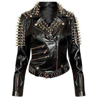 Handmade woman plain black studded leather jacket spike belted studs zipper brando pocket made to order - Thumbnail 4