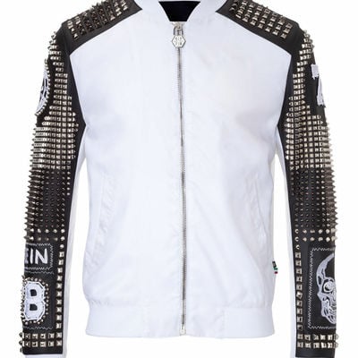 Men white black silver studded embroidery patches cowhide biker leather jackets - Thumbnail 2