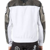 Men White Black Silver Studded Embroidery Patches Cowhide Biker Leather Jackets - Thumbnail 1