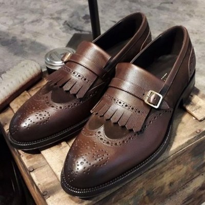 Latest chocolate brown wing tip fringe monk handmade party wear leather shoes  - Thumbnail 5