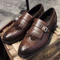 Latest Chocolate Brown Wing Tip Fringe Monk Handmade Party Wear Leather Shoes  - Thumbnail 1