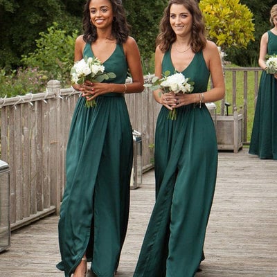 V neck green bridesmaid dresses with slit side - Thumbnail 4