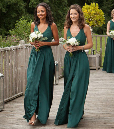 V Neck Green Bridesmaid Dresses with Slit Side