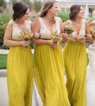 V Neck Yellow Bridesmaid Dresses with Lace