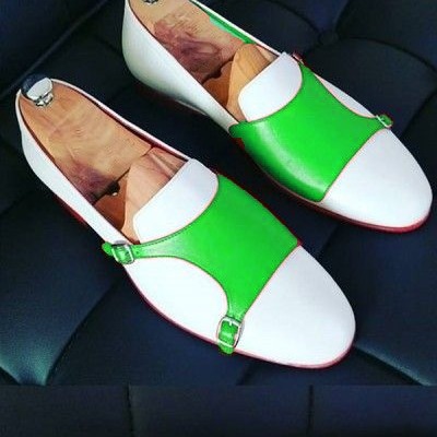 Handmade white green double monk gorgeous looking formal leather shoes