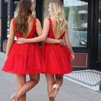 Cheap Cute V-Neck Applique Lace Homecoming Dress,Tulle Short Prom Dress - Thumbnail 2