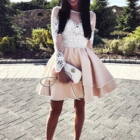Long Sleeve Satin Short Homecoming Dress, A Line Lace Mini Party Dresses - Thumbnail 1