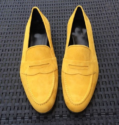 Mens Formal Design Handmade Yellowish Suede Penny Loafers SlipsOn Moccasin Shoes
