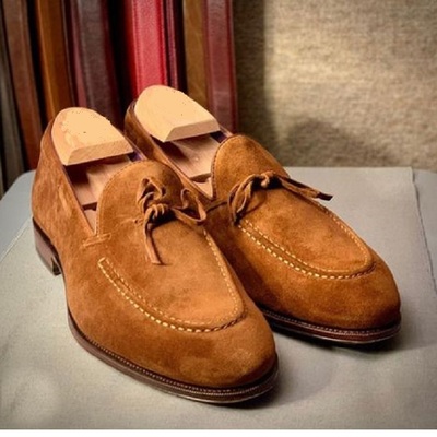 Handmade tan brown suede round toe tussles dress formal shoes for men's` - Thumbnail 3