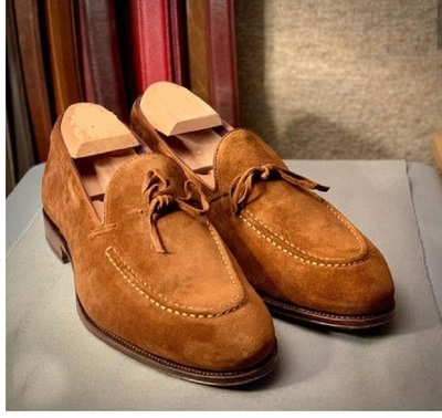 Handmade Tan Brown Suede Round Toe Tussles Dress Formal Shoes for Men's`
