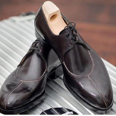 New handmade black leather split toe lace up shoes for men's - Thumbnail 2