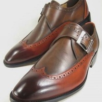 Mens Brown Oxfords Two Tone Hand Maker Wingtip Fringe Strap Formal Shoes - Thumbnail 1