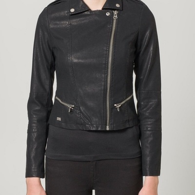 Black women jacket with front zipper collar genuine leather slim fit outer wear - Thumbnail 3