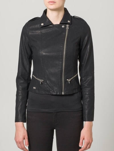 Black Women Jacket With Front Zipper Collar Genuine Leather Slim Fit Outer Wear
