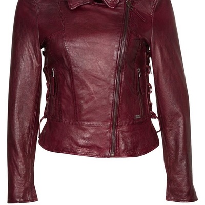 Burgundy fashion leather jacket with front zipper shoulder epaulets hand stitche - Thumbnail 1