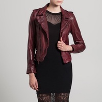 Burgundy Fashion Leather Jacket With Front Zipper Shoulder Epaulets Hand Stitche - Thumbnail 1