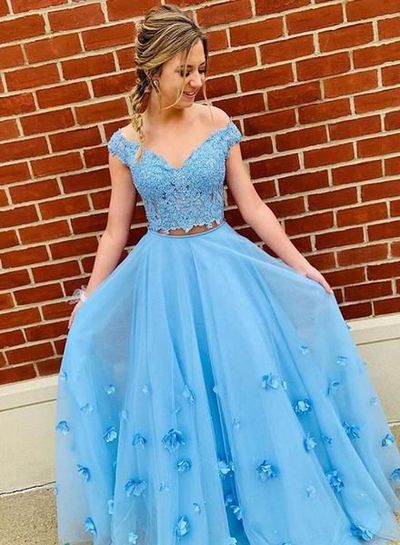 Cute Two Piece Off the Shoulder Blue Lace Prom Dresses with Handmade 3D Flower
