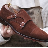 Elegant Men's Brown Double Monk Ankle Leather Shoes, Stylish Dress Formal Shoes - Thumbnail 4